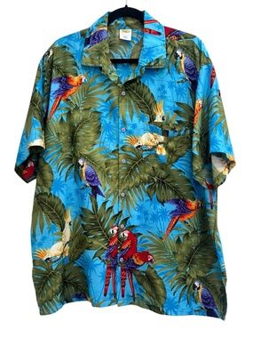 RIMA VIBRANT BLUE PARROTS TROPICAL CASUAL BUTTON DOWN SHORT SLEEVE SHIRT